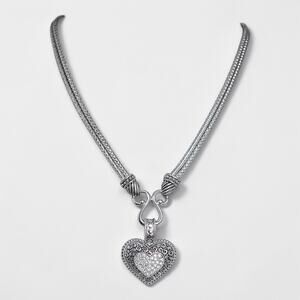 Vintage Lia Sophia Heart Necklace Pave Rhinestone Crystal Silver 17-20 Inch